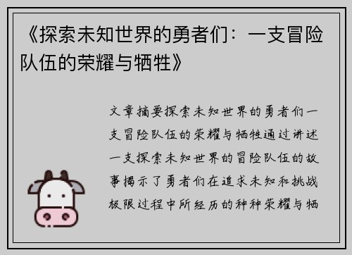 《探索未知世界的勇者们：一支冒险队伍的荣耀与牺牲》
